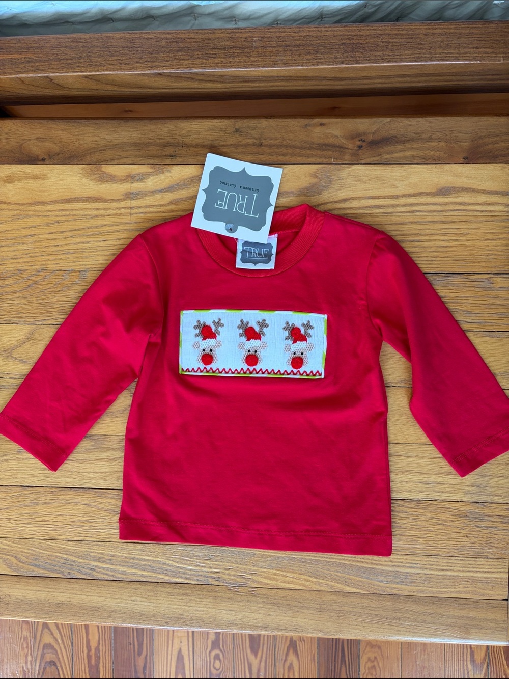 TRUE Kids NWT 12M Christmas Smocked Rudolph Reindeer Santa Shirt Red Holiday